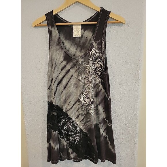 Womens Graphic Tank Rhinestones Cross Black Stretch Shirt Large Lace Roses Y2K - Picture 1 of 8